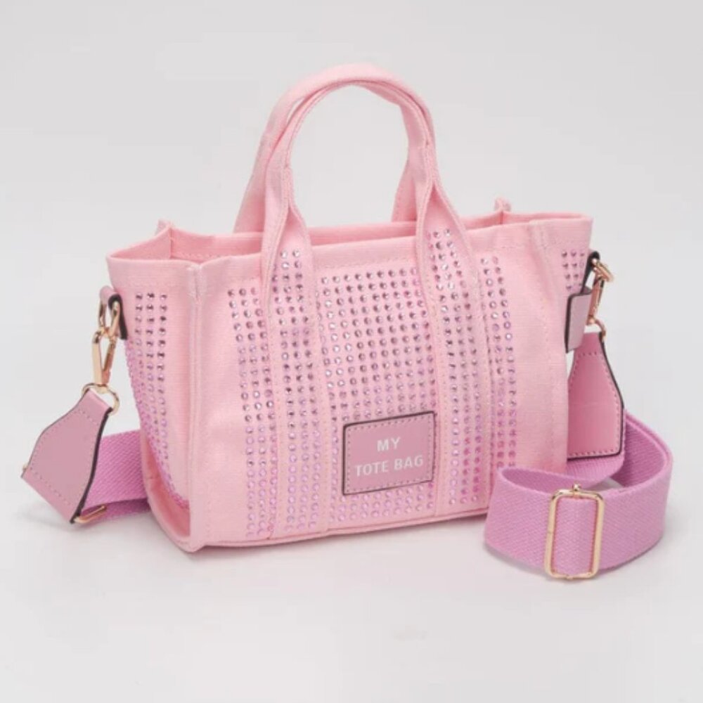 Light Pink Rhinestone Mini Tote Crossbody Bag | Sparkly Canvas Zip Purse NEW